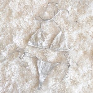 LEATHER ANIMALE MICRO FOIL Silver Bikini Set THONG BRAZILIAN LA